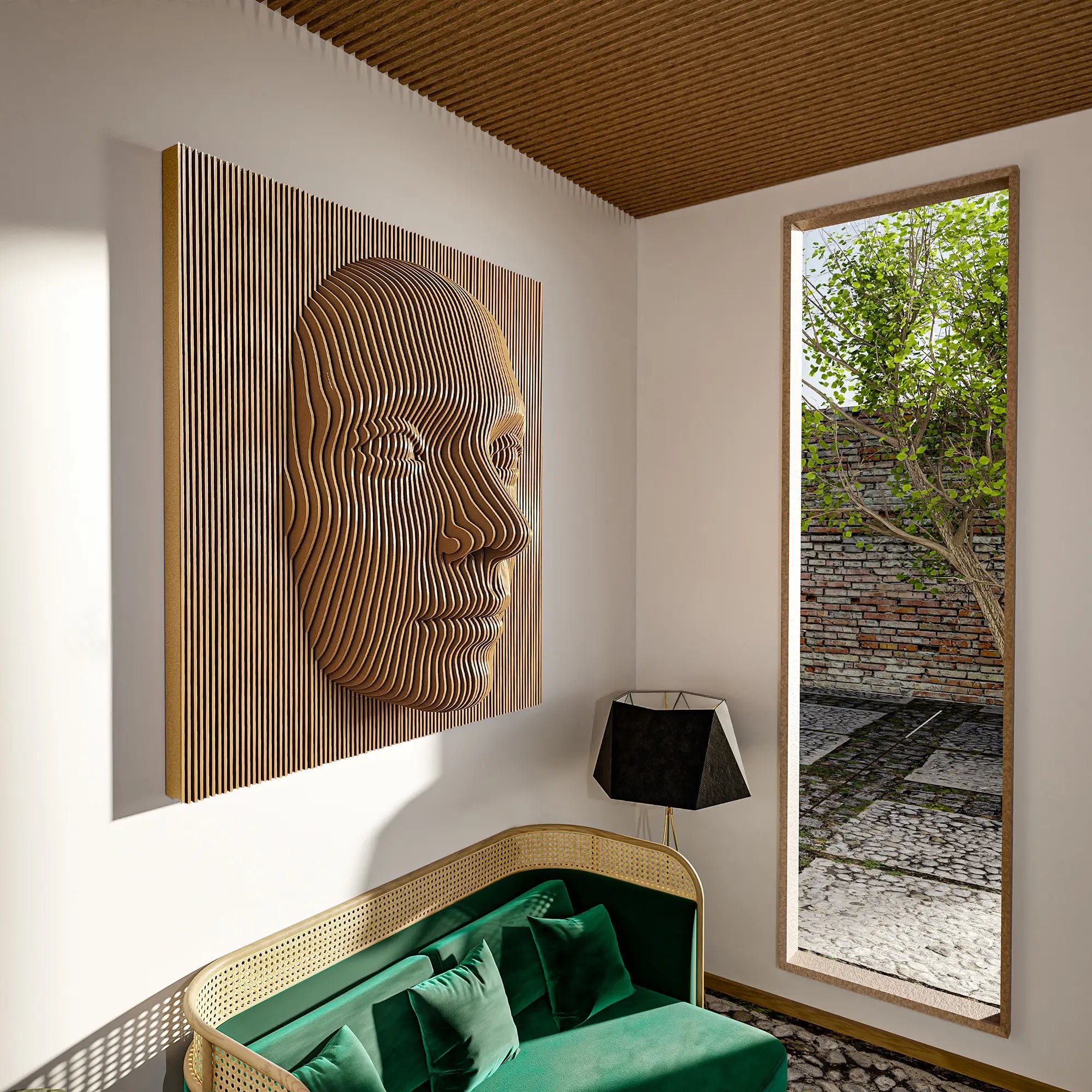 Modern interior with wooden wall art of a face and green sofa.